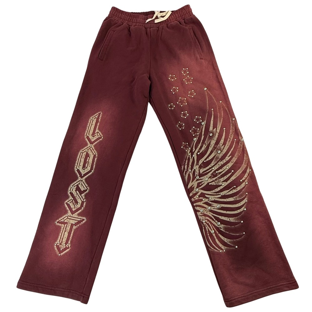 Lost Intricacy Burgundy Rhinestone Wing Graphic Sweatpants Large New With Tags